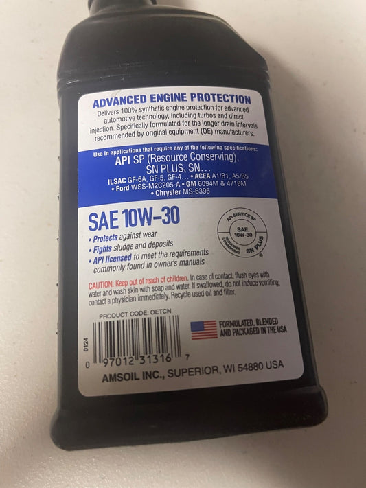 Amsoil Synthetic Motor Oil 10W-30, 16 Fl Oz