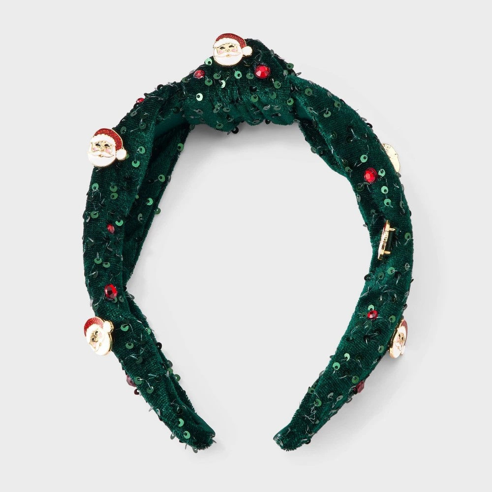 Green Sequin Christmas Santa Charm Knot Headband