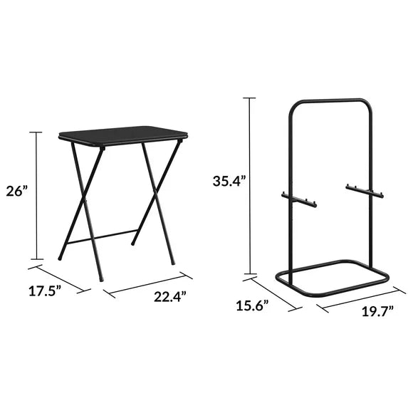 COSCO 5-Piece Folding Vinyl Top TV Tray Set, Black with Storage Rack