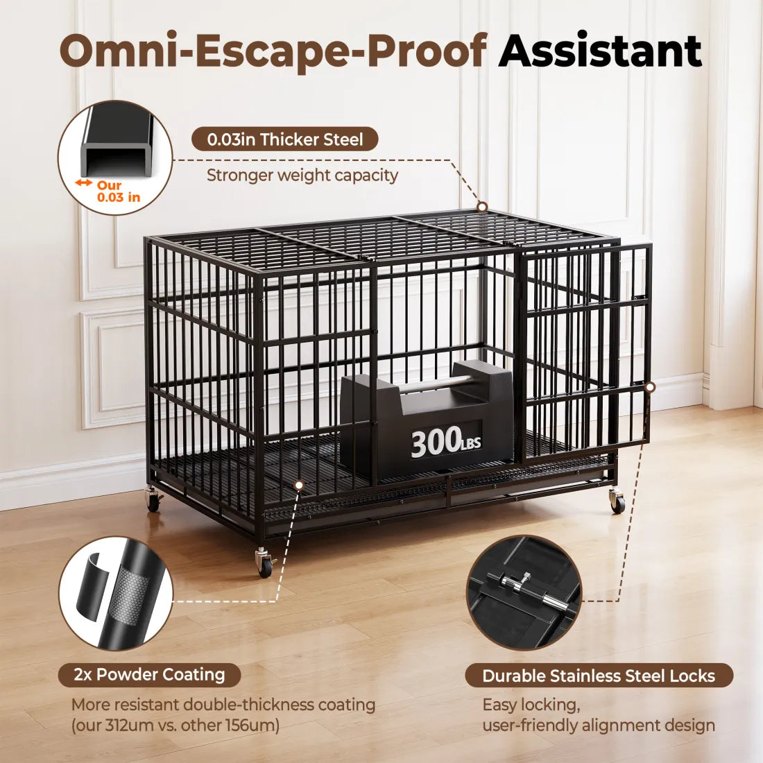 CAMMOO 48" Heavy Duty Dog Crate Cage with 4 Lockable Wheels for Indoor & Outdoor,XL Kennel for Large Dog,Max Load 300Lbs