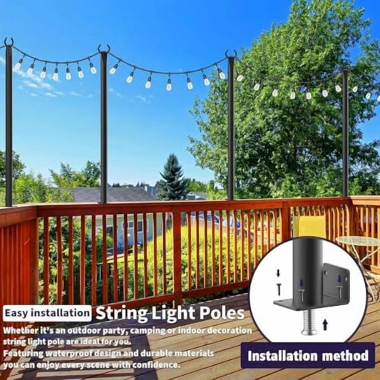 4 Pack, 7ft  Heavy Duty Metal String Light Poles Adjustable Outdoor Lighting Stand for Patio,Backyard,Garden,Party & Wedding Rustproof & Sturdy with Hooks