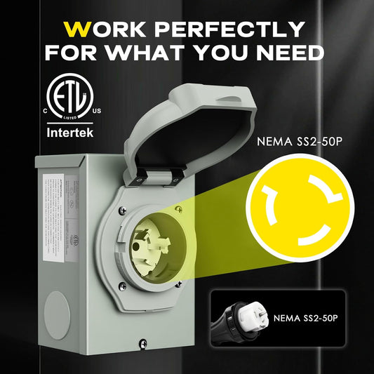 50 Amp Generator Power Inlet Box, NEMA SS2-50P for 3 Prong Generator Cord, 125/250 Volt, 12500 Watts, Weatherproof, Outdoor Use, ETL Listed