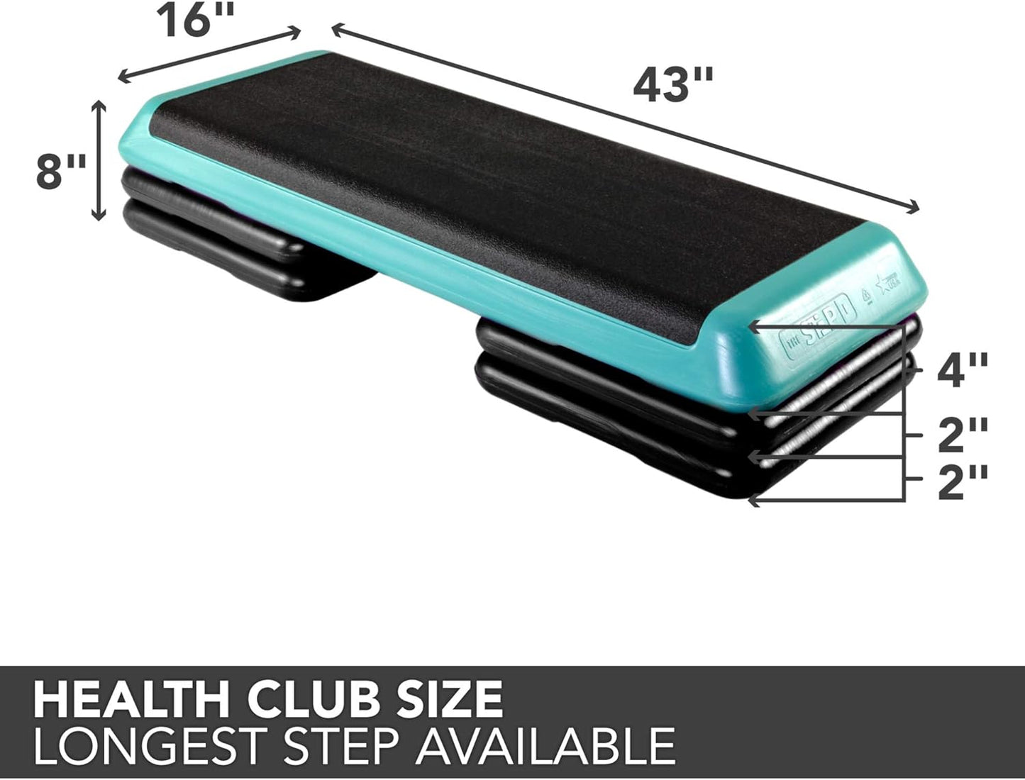 Philosophy Aerobic Platform – Health Club Size – With Four Risers (Teal Platform with Black Risers)