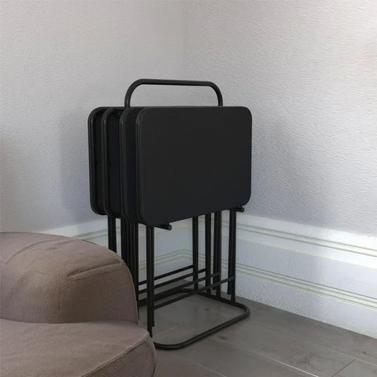 COSCO 5-Piece Folding Vinyl Top TV Tray Set, Black with Storage Rack
