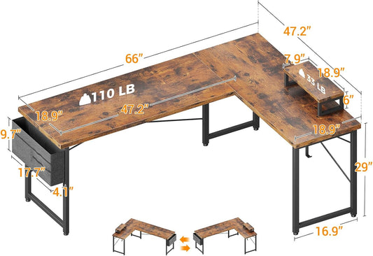 ODK L Shaped Desk, 66" Computer Corner Gaming Desk, Home Office Writing Table with Monitor Shelf, Modern Vintage