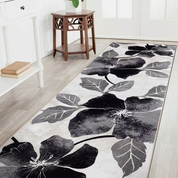 CAMILSON Solana Non Slip Modern Floral Indoor Area Rug Black/Grey 2'.2"x7