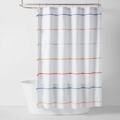 Pillowfort Striped Tassels Kids' Shower Curtain Blue - OEKO-TEX Certified
