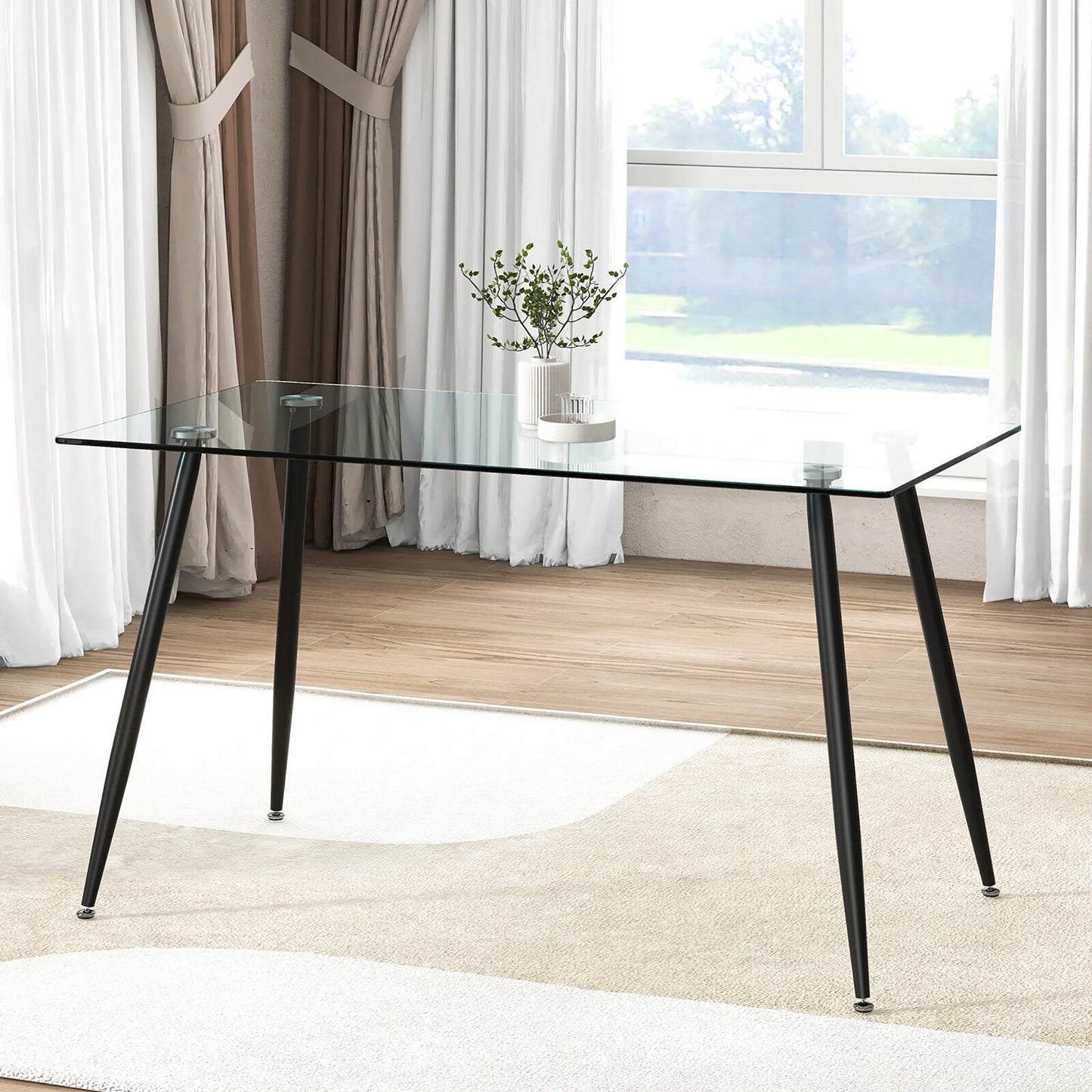 Gymax Modern Glass Dining Table Rectangular Dining Room Table W/Metal Legs For Kitchen Black