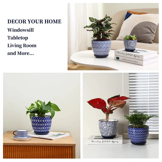 Selamica Ceramic Plant Pots, 5.6 Inch Flower Pots for Indoor Plants with Drainage Hole and Saucer,Home Decor, Set of 4