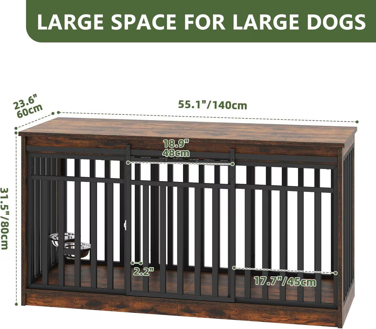 Yitahome Indoor Dog Crate Table with Sliding Doors & Dog Bowl, Brown, 55.1-in