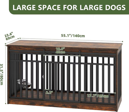 Yitahome Indoor Dog Crate Table with Sliding Doors & Dog Bowl, Brown, 55.1-in