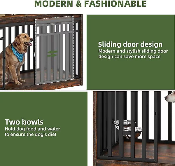 Yitahome Indoor Dog Crate Table with Sliding Doors & Dog Bowl, Brown, 55.1-in