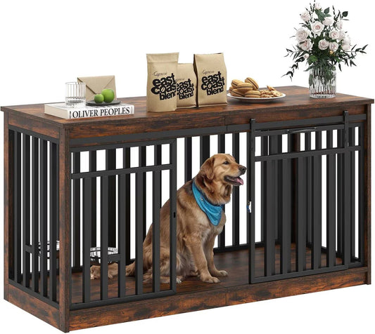 Yitahome Indoor Dog Crate Table with Sliding Doors & Dog Bowl, Brown, 55.1-in