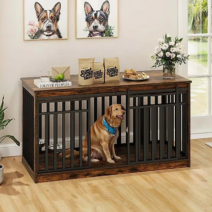 Yitahome Indoor Dog Crate Table with Sliding Doors & Dog Bowl, Brown, 55.1-in