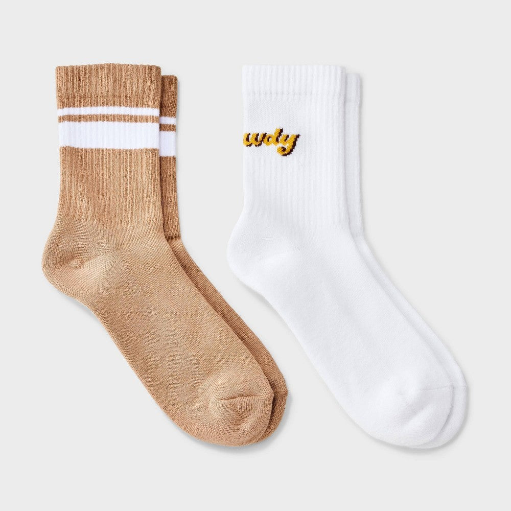 Women's "Howdy" Cowboy Hat Socks Mid Crew 2pk - White/Brown