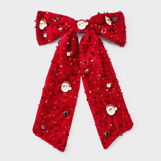Red Sequin Christmas Santa Charm Hair Bow Clip