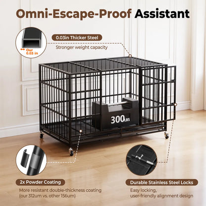 CAMMOO 48" Heavy Duty Dog Crate Cage with 4 Lockable Wheels for Indoor & Outdoor,XL Kennel for Large Dog,Max Load 300Lbs
