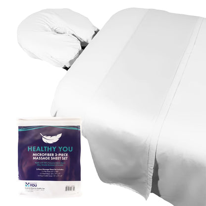 Microfiber Massage Spa Table Sheets 3pc Set - Wrinkle-Resistant, Includes Flat, Fitted Sheet and Massage Face Rest Cover (White)