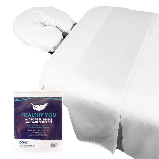 Microfiber Massage Spa Table Sheets 3pc Set - Wrinkle-Resistant, Includes Flat, Fitted Sheet and Massage Face Rest Cover (White)