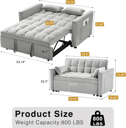 Wakefit 3 in 1 Convertible Sleeper Sofa Bed, Futon Couches for Living Room with Side Pocket | Adjustable Backrest | Velvet Fabric | Pull Out Couch | Small Loveseat | Sectional Sofa Bed(Grey)