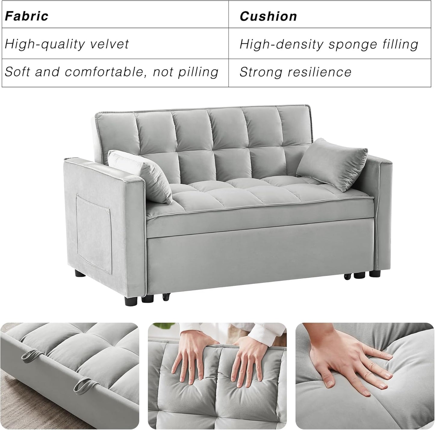 Wakefit 3 in 1 Convertible Sleeper Sofa Bed, Futon Couches for Living Room with Side Pocket | Adjustable Backrest | Velvet Fabric | Pull Out Couch | Small Loveseat | Sectional Sofa Bed(Grey)