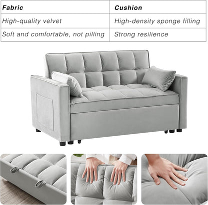 Wakefit 3 in 1 Convertible Sleeper Sofa Bed, Futon Couches for Living Room with Side Pocket | Adjustable Backrest | Velvet Fabric | Pull Out Couch | Small Loveseat | Sectional Sofa Bed(Grey)
