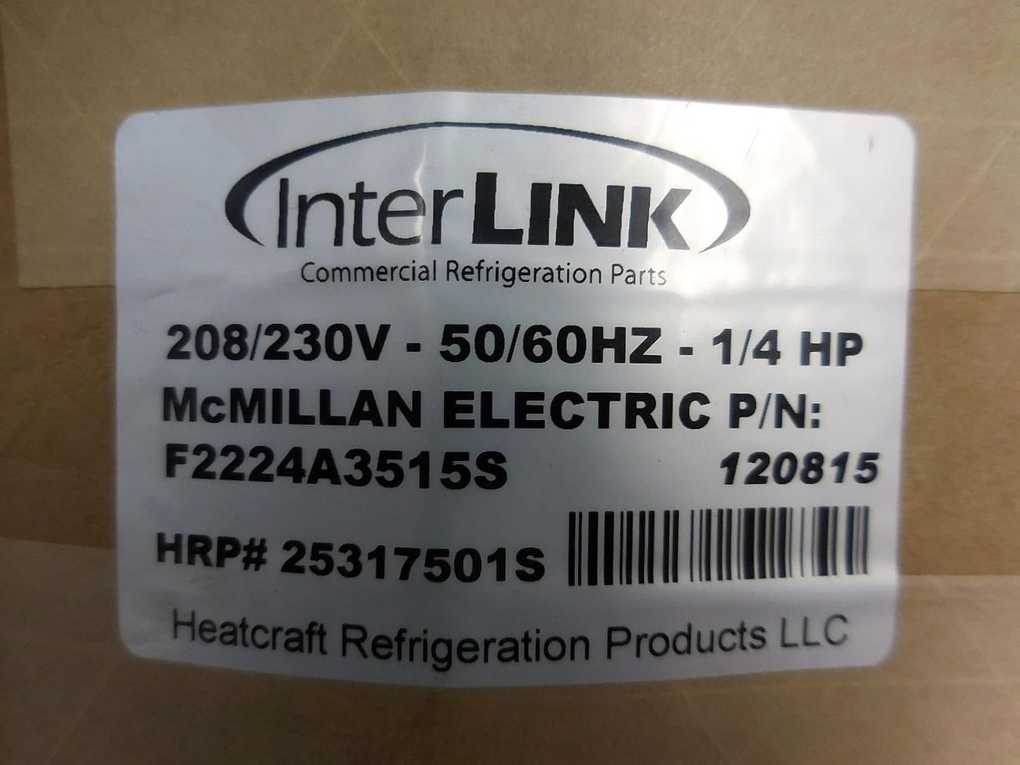 Interlink ECM 25317501S, F2224A3515S 1/4 HP Evaporator Motor 208/230 1145 RPM New