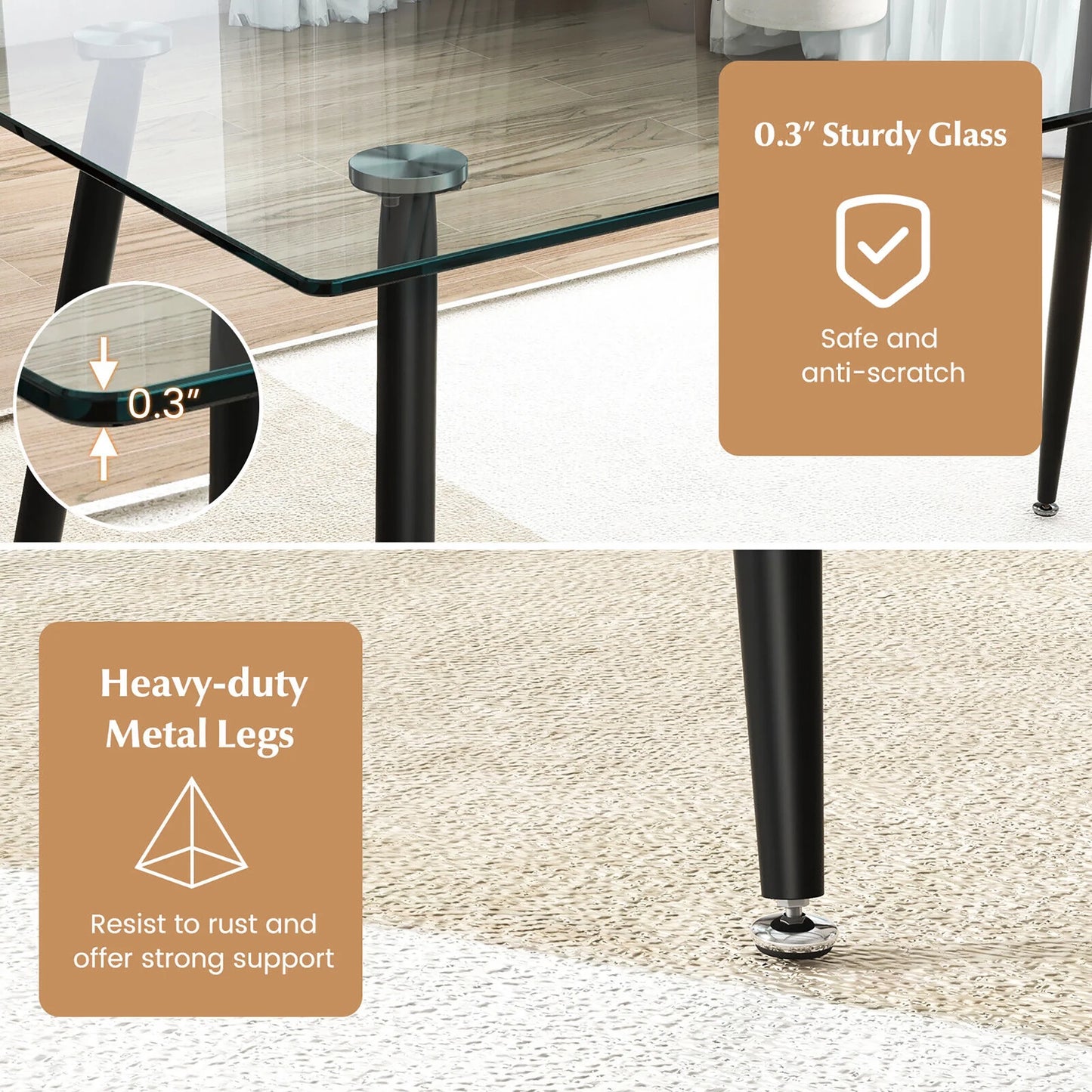 Gymax Modern Glass Dining Table Rectangular Dining Room Table W/Metal Legs For Kitchen Black