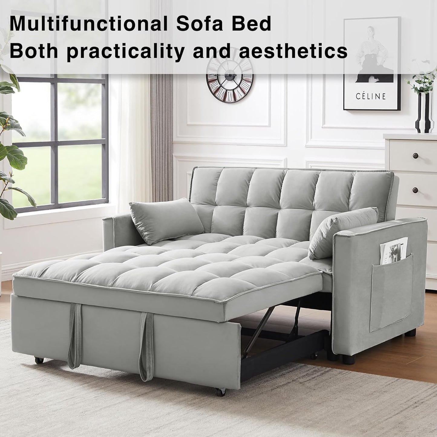 Wakefit 3 in 1 Convertible Sleeper Sofa Bed, Futon Couches for Living Room with Side Pocket | Adjustable Backrest | Velvet Fabric | Pull Out Couch | Small Loveseat | Sectional Sofa Bed(Grey)