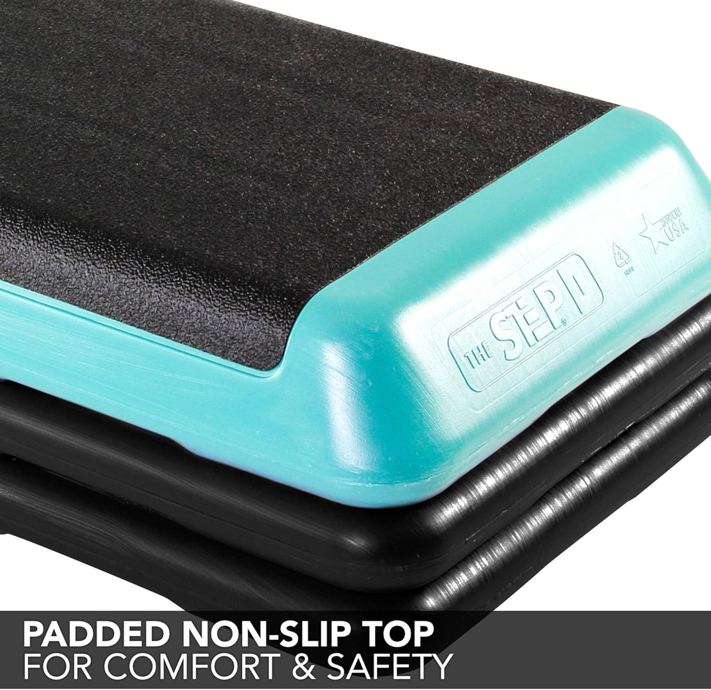 Philosophy Aerobic Platform – Health Club Size – With Four Risers (Teal Platform with Black Risers)