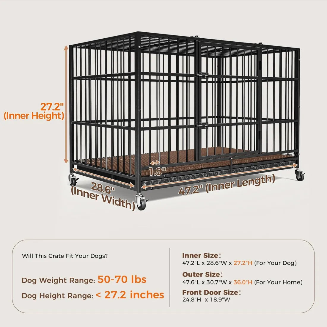 CAMMOO 48" Heavy Duty Dog Crate Cage with 4 Lockable Wheels for Indoor & Outdoor,XL Kennel for Large Dog,Max Load 300Lbs