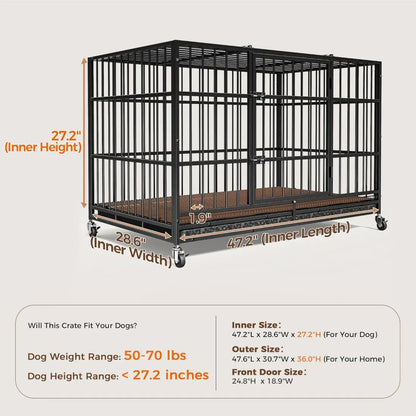 CAMMOO 48" Heavy Duty Dog Crate Cage with 4 Lockable Wheels for Indoor & Outdoor,XL Kennel for Large Dog,Max Load 300Lbs