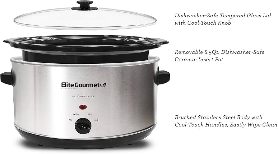 Elite Gourmet 8.5 Qt Stainless Steel Slow Cooker