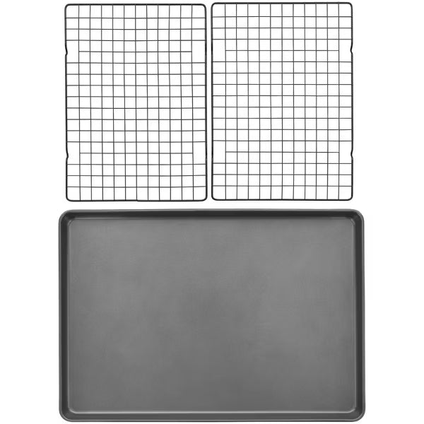 Wilton 3pc Steel Mega Cookie Sheet and Cooling Racks Set: Nonstick Baking Pan, Sheet & Rack, Dishwasher-Safe, Gray
