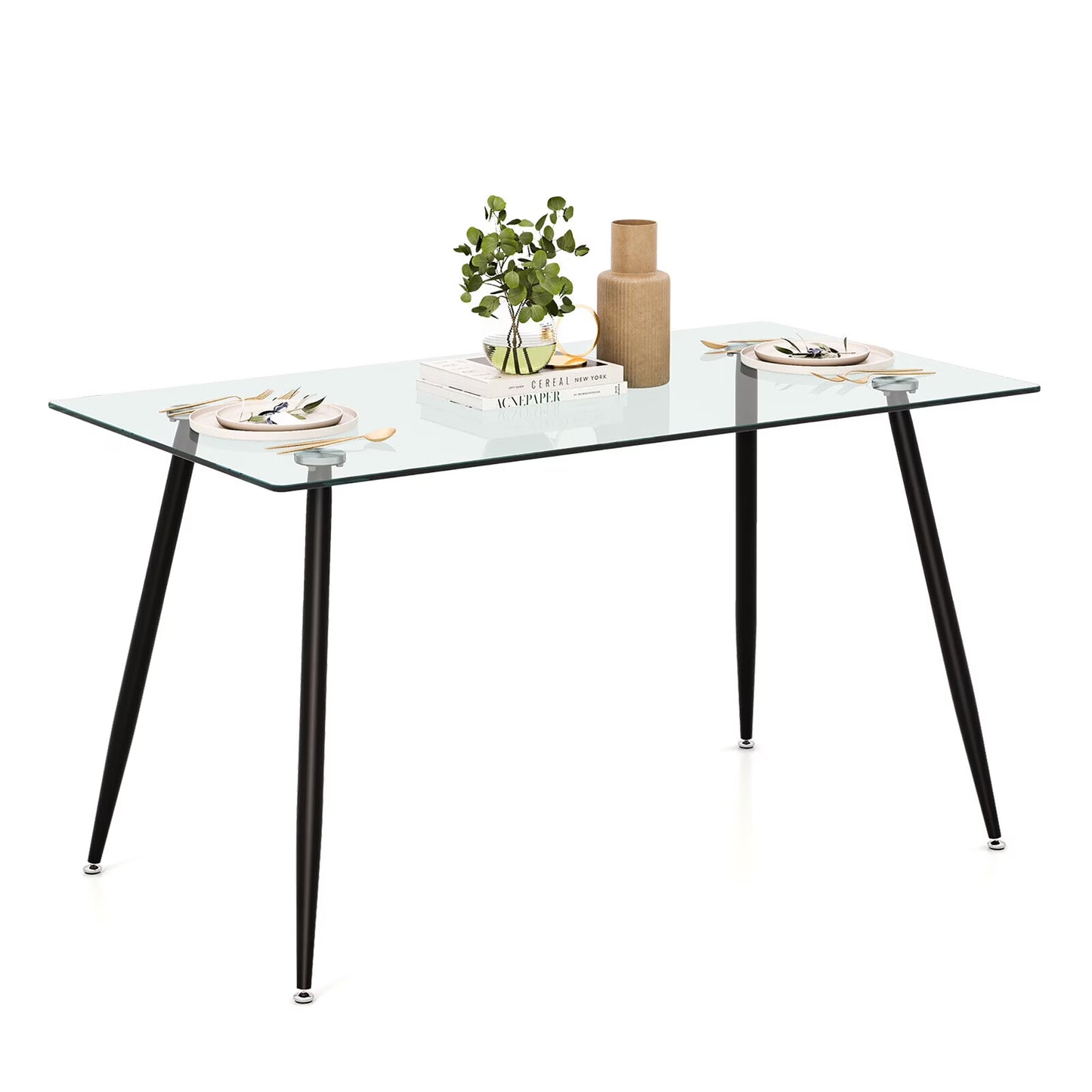Gymax Modern Glass Dining Table Rectangular Dining Room Table W/Metal Legs For Kitchen Black