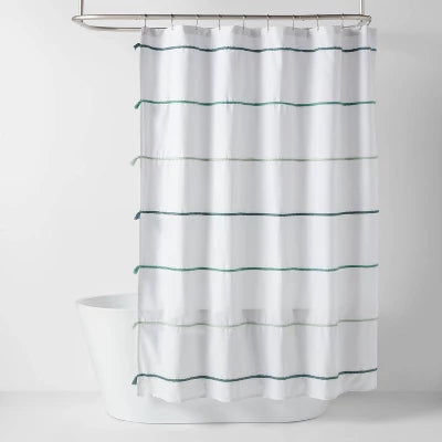 Pillowfort Striped Tassels Kids' Shower Curtain Blue - OEKO-TEX Certified