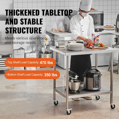 VEVOR 30 in. x 36 in. x 38 in. StainlessSteel Commercial KitchenPrep Table w/4-Wheels 3-Adjustable HeightPrep Worktable Silver