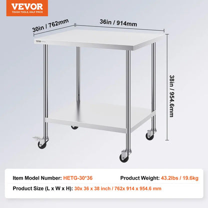 VEVOR 30 in. x 36 in. x 38 in. StainlessSteel Commercial KitchenPrep Table w/4-Wheels 3-Adjustable HeightPrep Worktable Silver
