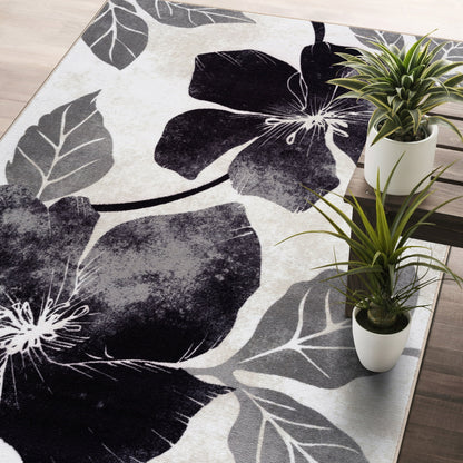 CAMILSON Solana Non Slip Modern Floral Indoor Area Rug Black/Grey 2'.2"x7