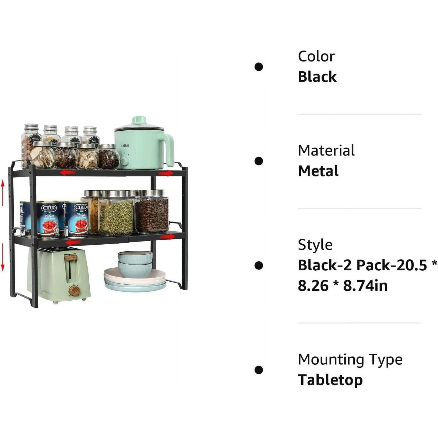 2 Pack Expandable Cabinet Countertop Shelves, X-cosrack Stackable Cupboard Organizer Shelf Rack Adjustable 𝗟𝗲𝗻𝗴𝘁𝗵 and Height for Cabinet Kitchen Bathroom Pantry,Black