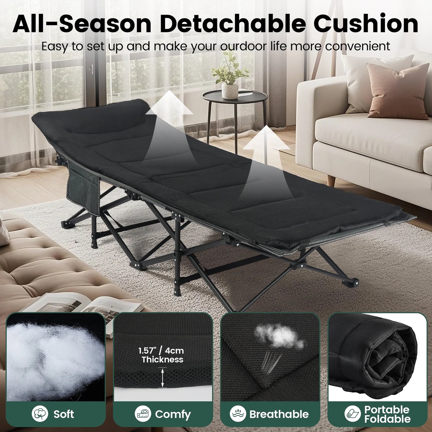 WEIDIORME Oversized Folding Camping Cot with Mattress, Heavy Duty Portable Cot, Carry Bag