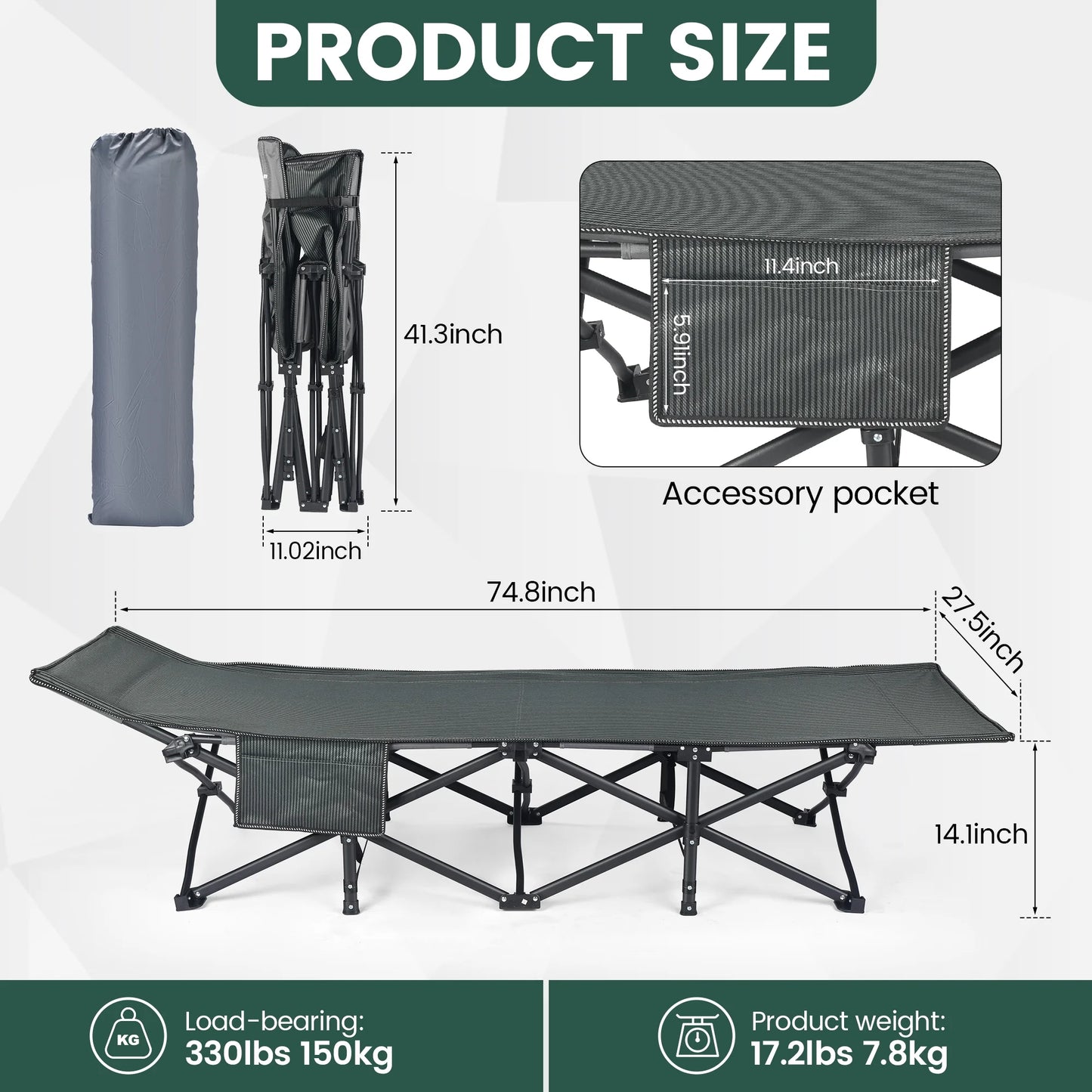 WEIDIORME Oversized Folding Camping Cot with Mattress, Heavy Duty Portable Cot, Carry Bag