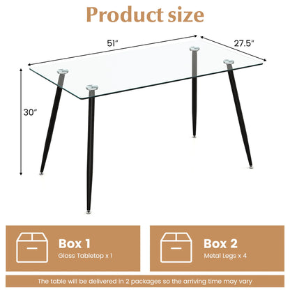 Gymax Modern Glass Dining Table Rectangular Dining Room Table W/Metal Legs For Kitchen Black