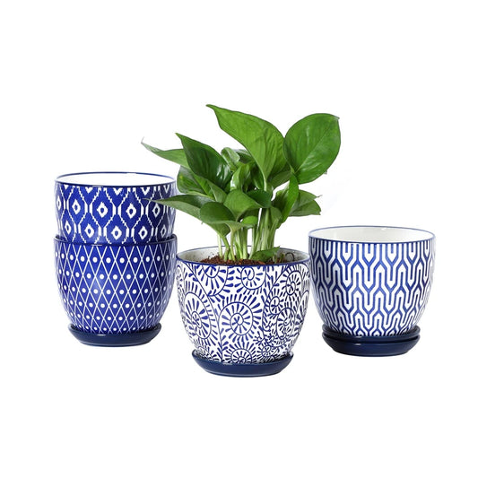 Selamica Ceramic Plant Pots, 5.6 Inch Flower Pots for Indoor Plants with Drainage Hole and Saucer,Home Decor, Set of 4