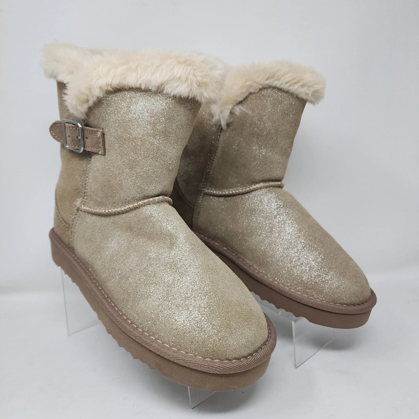 Style & Co Boots Womens 8 Gold Shimmer Tiny2 Leather Mid Calf Faux Fur Winter