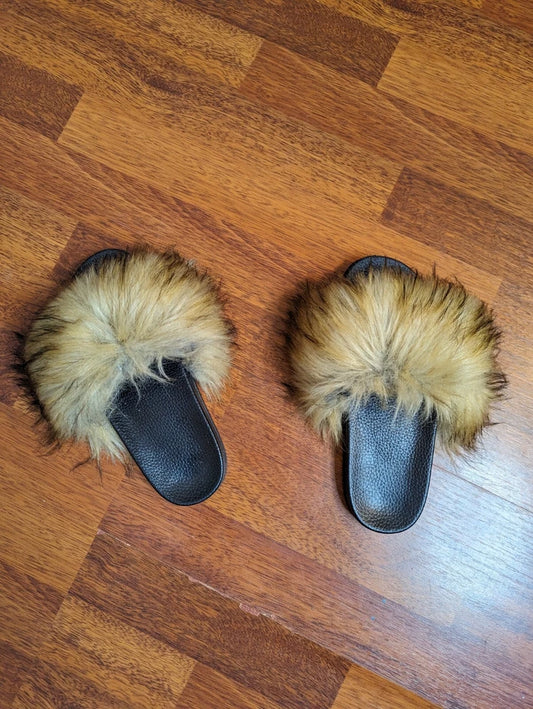 Women Fur Slippers Slides Sandals Open Toe Slip On with Furry Fleece Faux Warm Size M